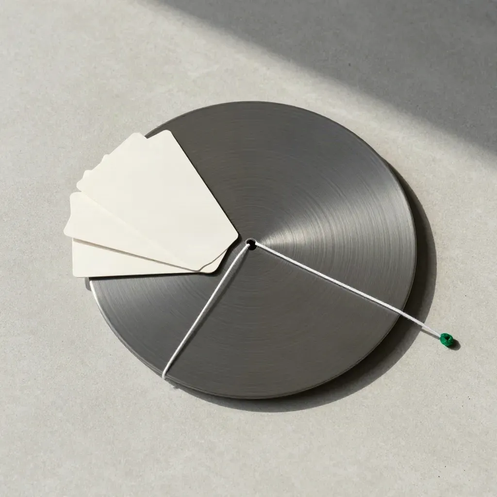 Overhead flatlay of a circular finance disc, stacked cards, and a white thread marker on concrete.
