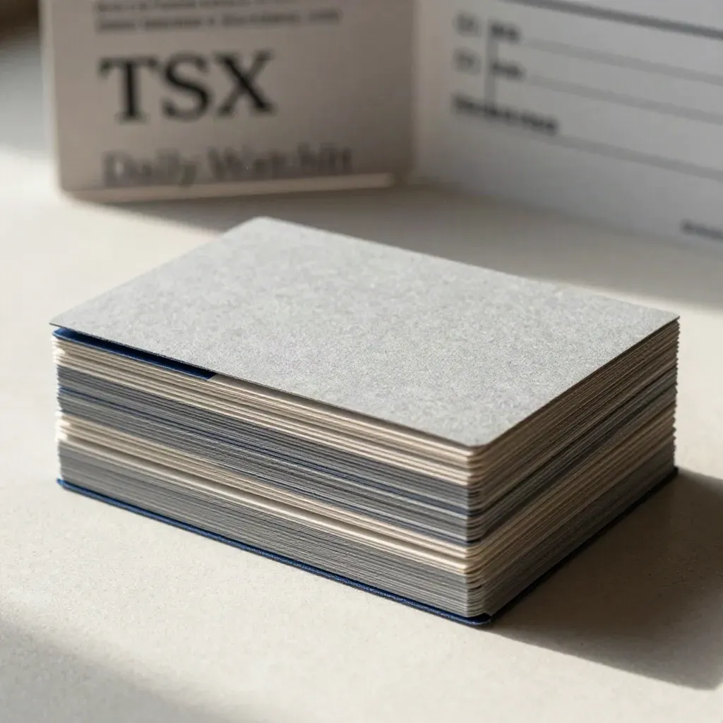 Extreme macro of a layered stock watchlist packet on a pale surface with a blurred backer card.