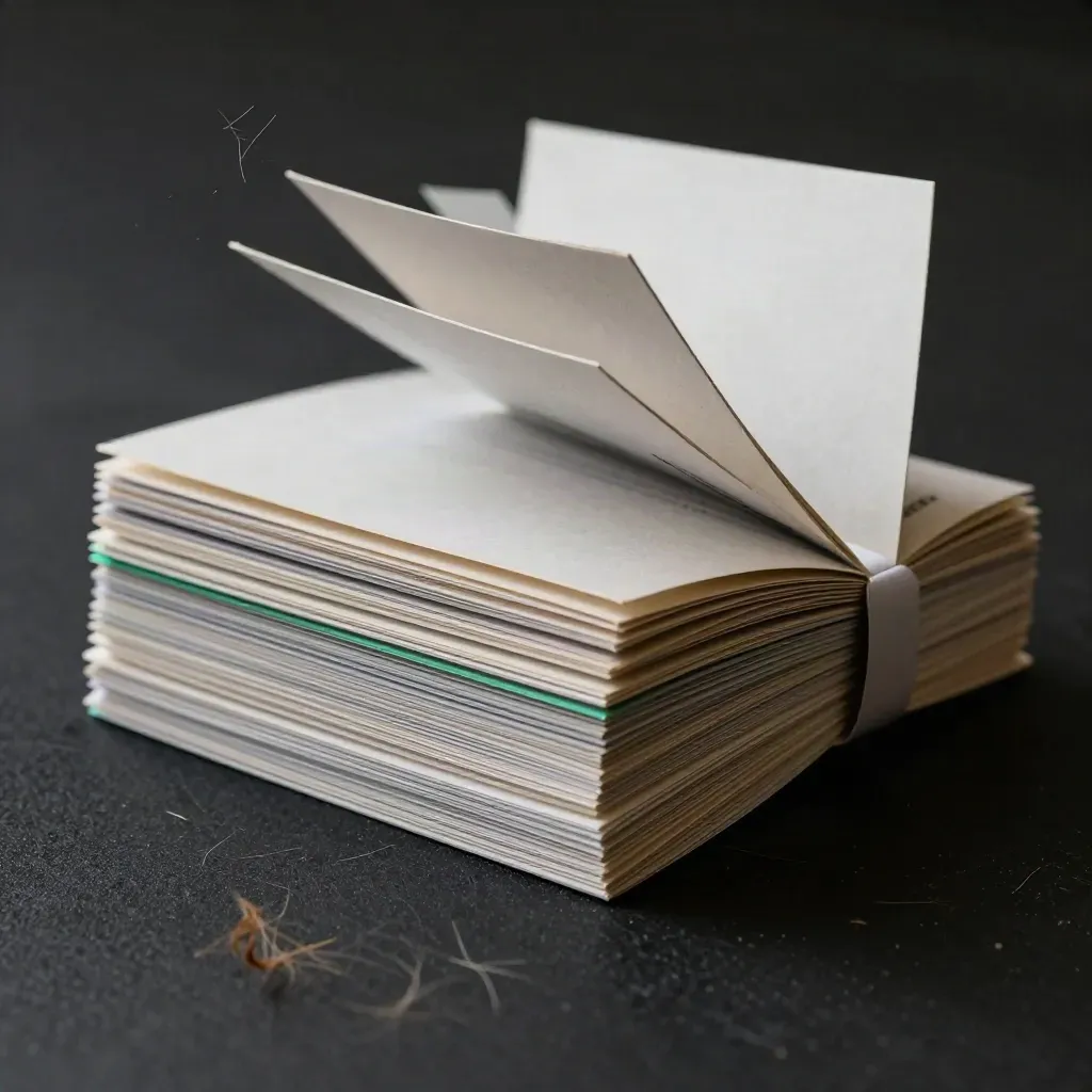 Hovering small-cap watchlist cards with emerald band and drifting paper fibers on matte-black surface.