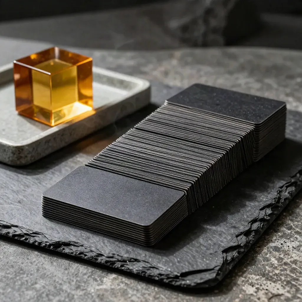 Dark unlabelled cards spread beside a mineral tray and amber block on slate.