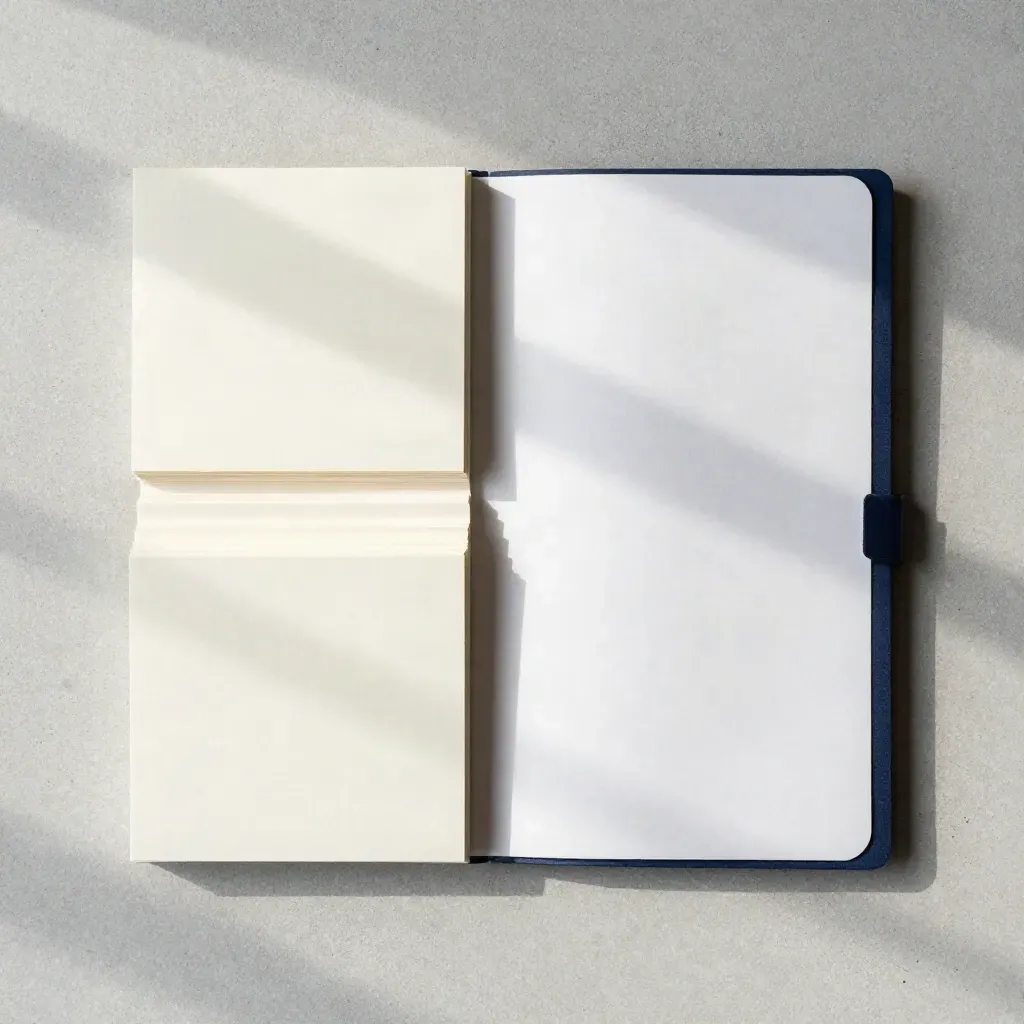Overhead news packet with clipped cards and a navy-edged sleeve on pale concrete.