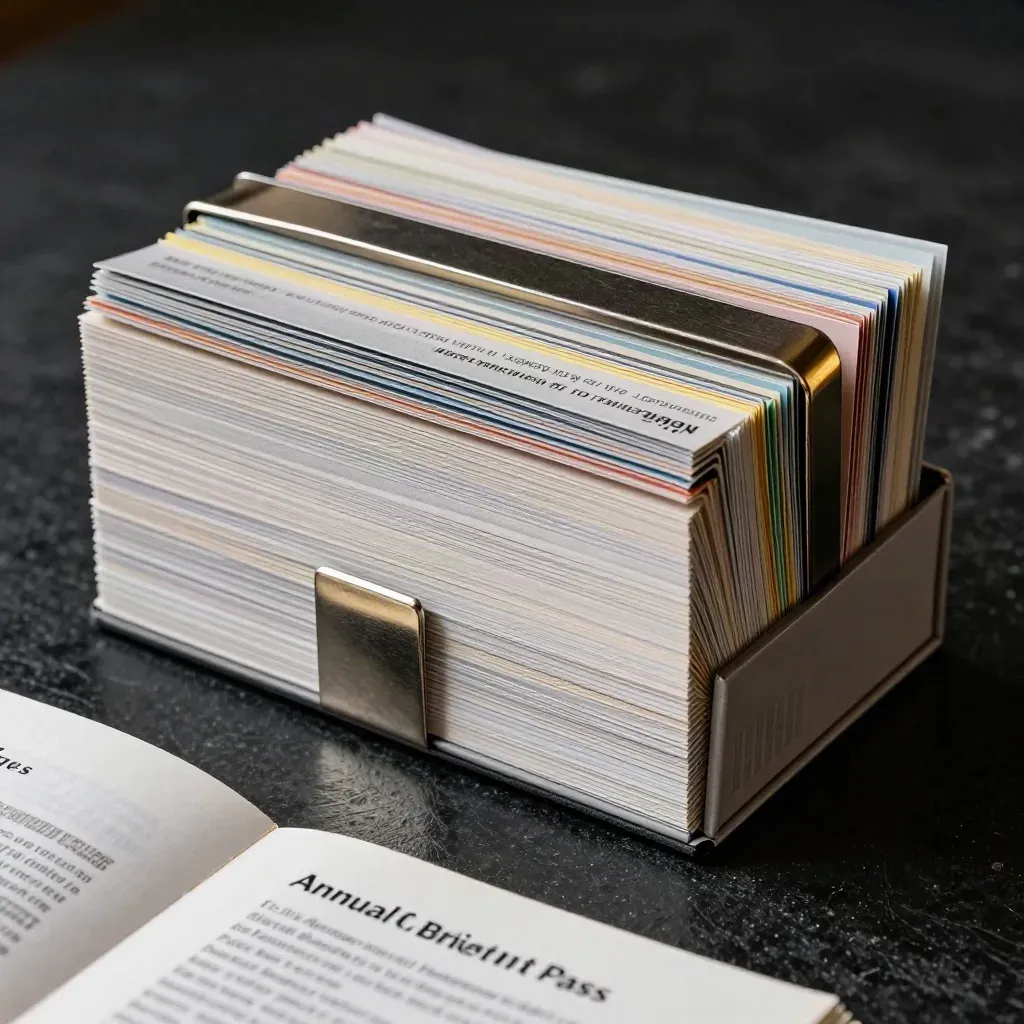 Opened TSX briefing box set with stacked cards and metal clip on a dark studio surface.