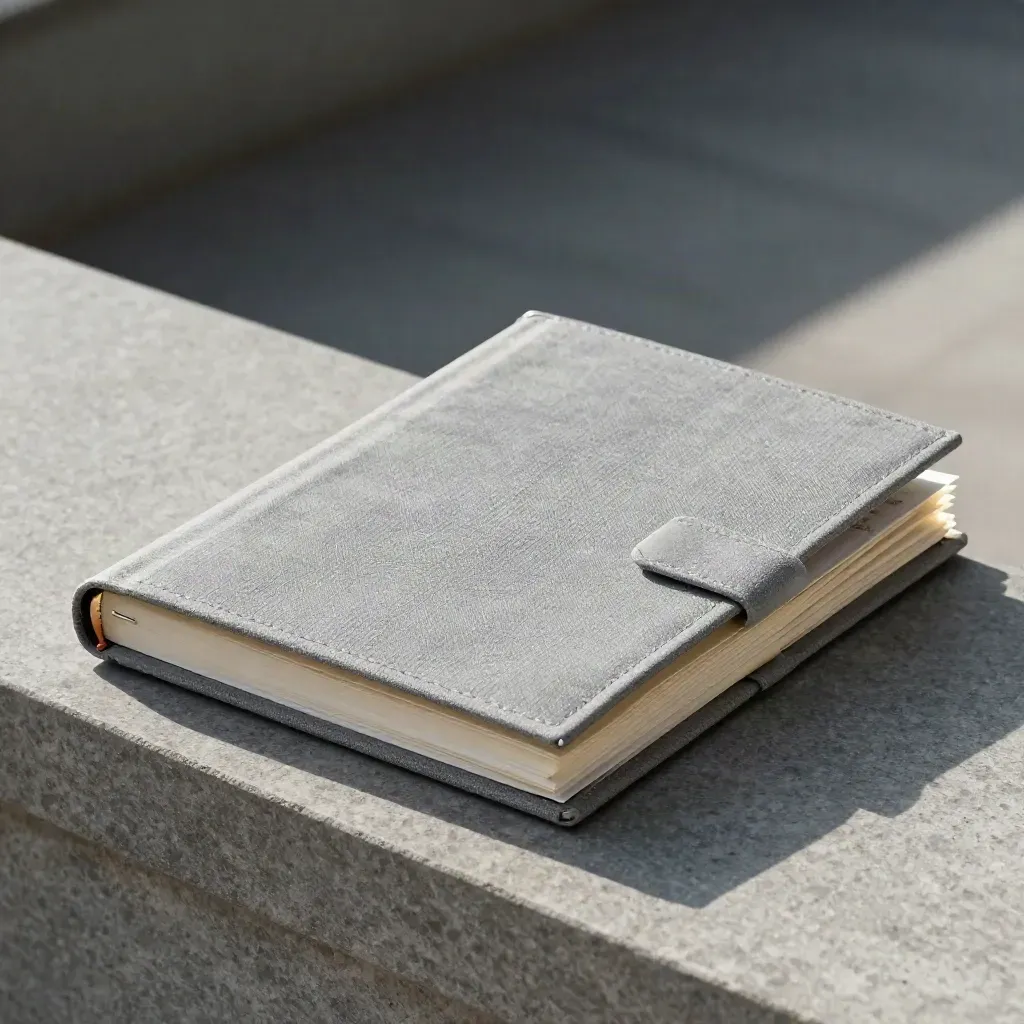 Gray REIT binder with linen dividers and a stone block on a dim studio ledge.