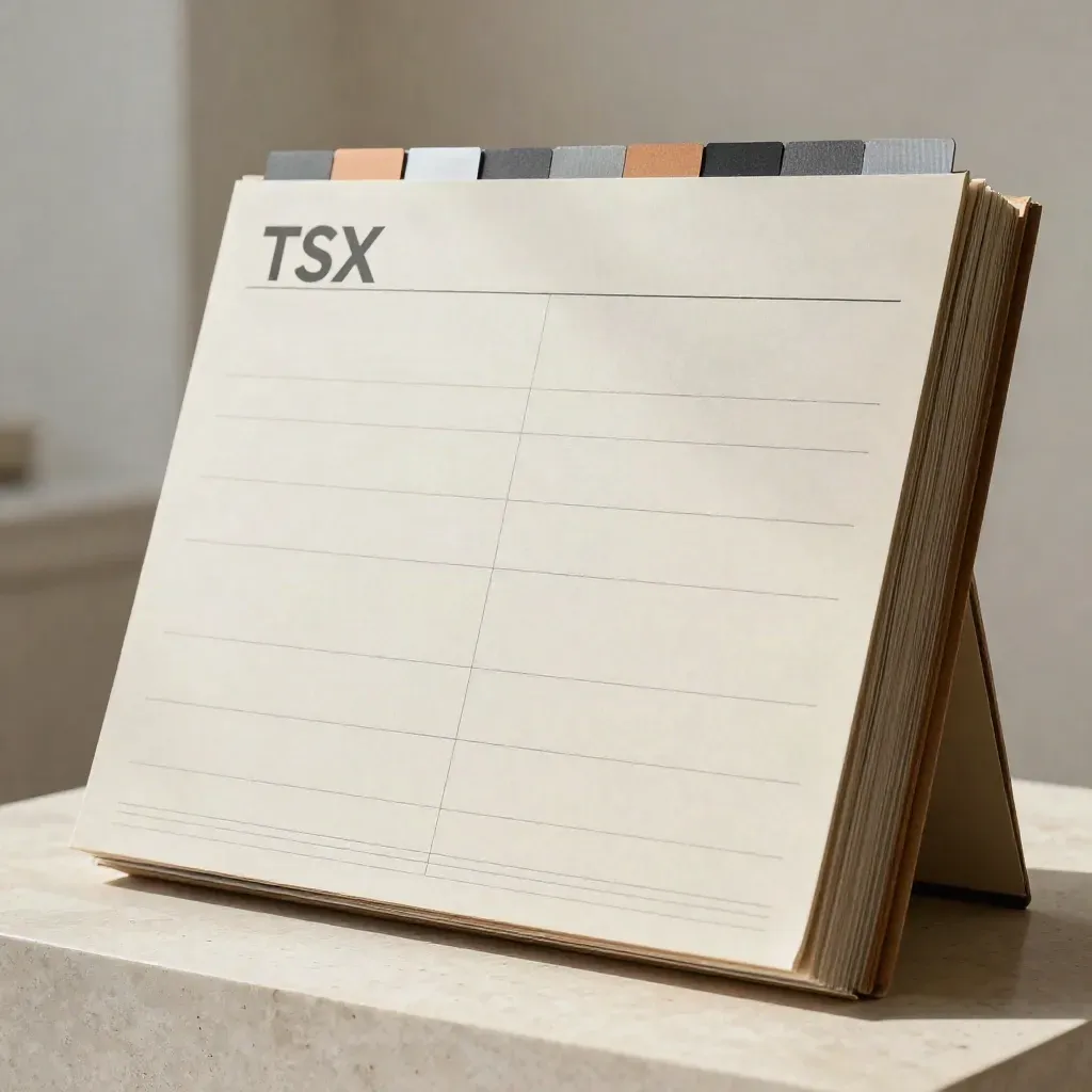 Layered market briefing board with sector tabs on travertine stone, softly lit in a studio.