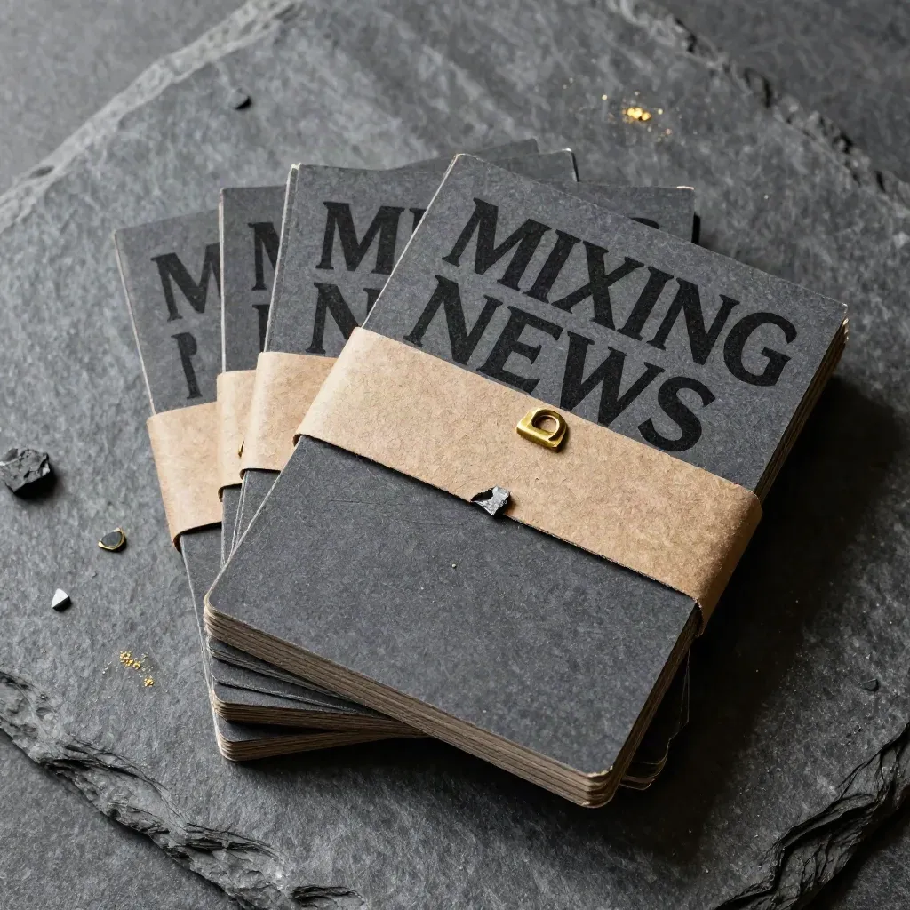 Overhead rugged stack of mining news cards with brass clip, slate chips, and gold dust.
