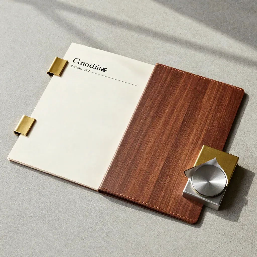 Overhead folio with gold tabs, sleeve and paperweight on concrete slab.
